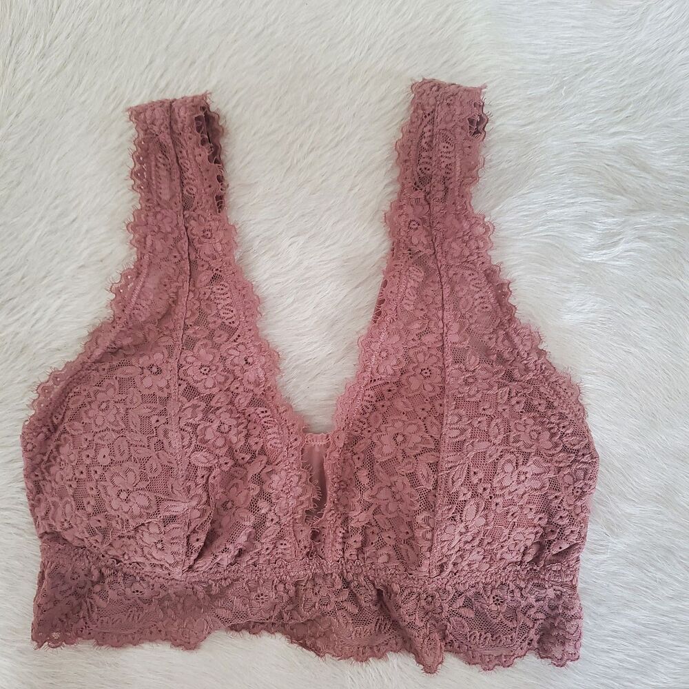 Aerie Bralette Size Medium (D) Mauve Pink Eyelash Lace Plunge Wireless Padded
